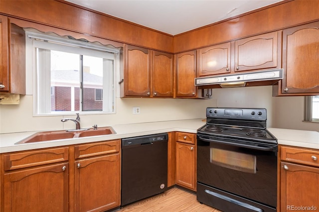 kitchen featuring sink, light hardwood / wood-style floors, plenty of natural light, and black appliances