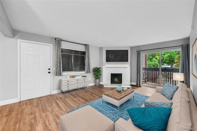 living room with a fireplace and hardwood / wood-style flooring