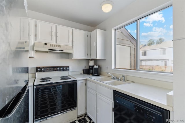 892 Summer Dr Unit 15B, Highlands Ranch, CO 80126 - kitchen featuring range with electric cooktop, under cabinet range hood, black dishwasher, a sink, and white cabinets