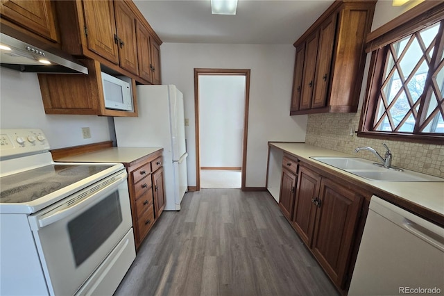 kitchen with sink, extractor fan, dark hardwood / wood-style floors, and white appliances