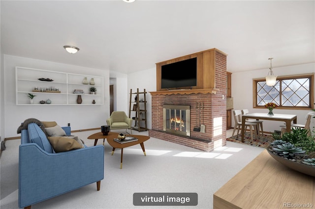 living room with light colored carpet and a fireplace