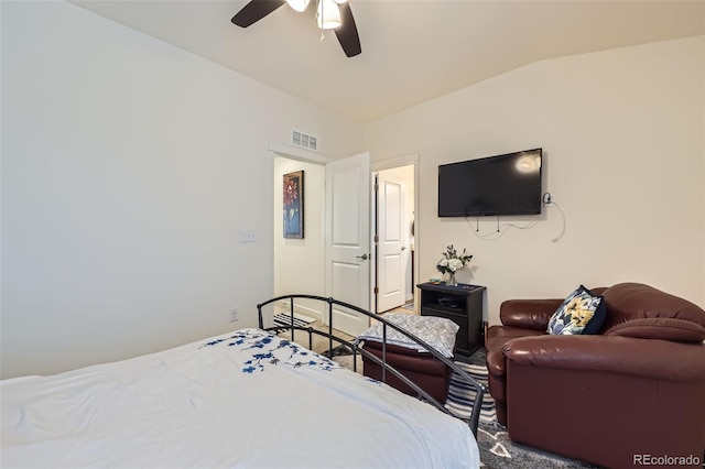 bedroom with ceiling fan, carpet flooring, and visible vents