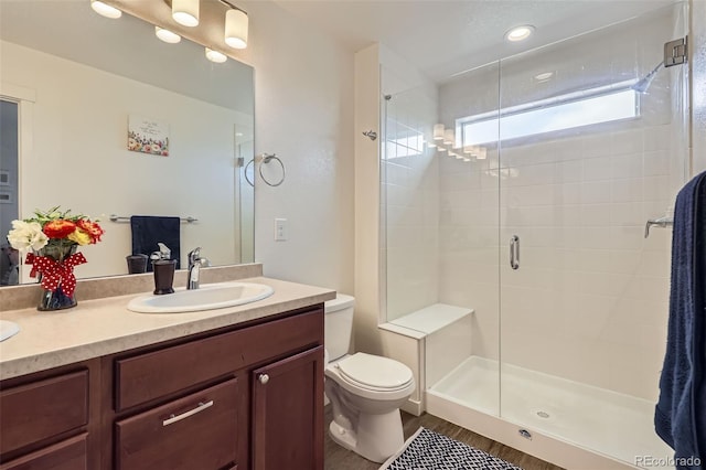 bathroom featuring toilet, vanity, and a stall shower