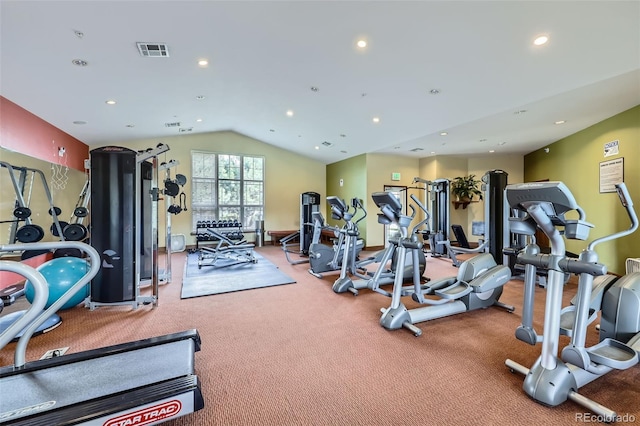 exercise room with lofted ceiling, carpet, visible vents, and recessed lighting