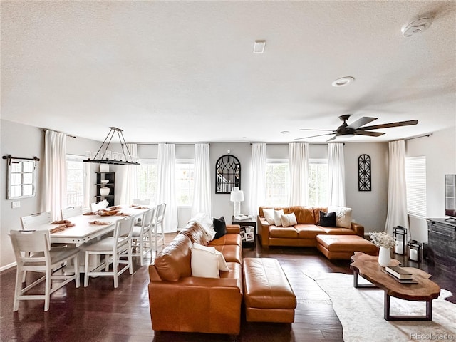 15468 W 50th Pl, Golden, CO 80403 - living area featuring plenty of natural light, dark wood-style floors, ceiling fan, and a textured ceiling
