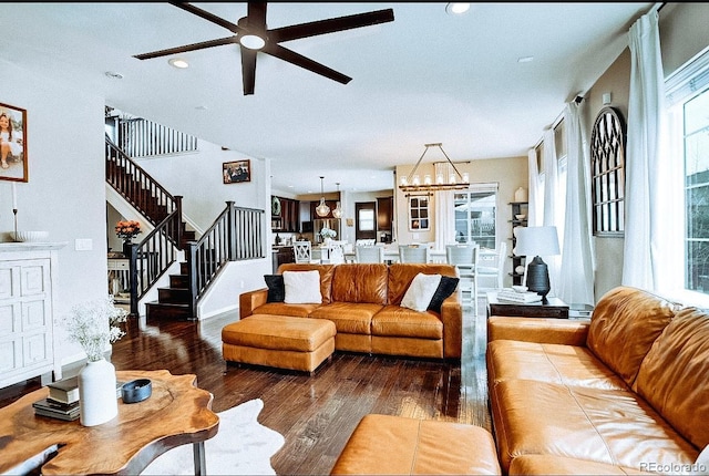 15468 W 50th Pl, Golden, CO 80403 - living area featuring wood-type flooring, a ceiling fan, stairs, recessed lighting, and a chandelier