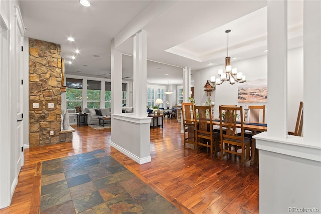 24906 E Geddes Cir, Aurora, CO 80016 - entrance foyer with wood-type flooring, a chandelier, recessed lighting, and ornate columns