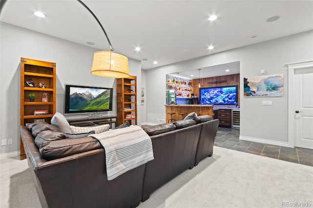 24906 E Geddes Cir, Aurora, CO 80016 - living room featuring a dry bar, recessed lighting, carpet floors, and wine cooler