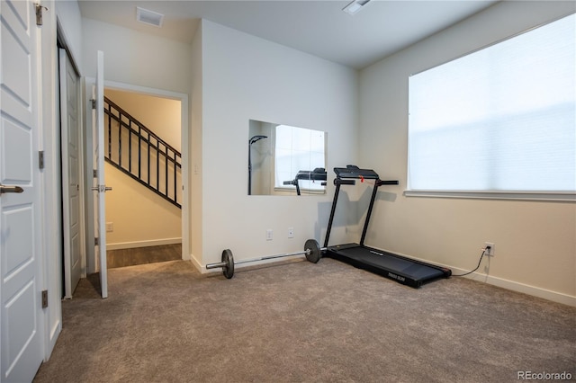 exercise area featuring a healthy amount of sunlight, carpet, visible vents, and baseboards