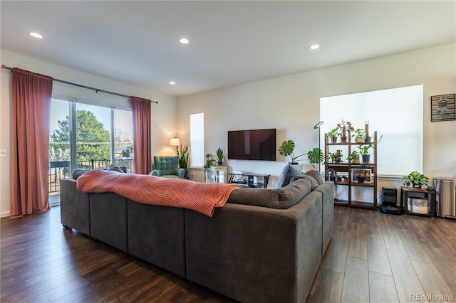 living area with dark wood-style floors and recessed lighting