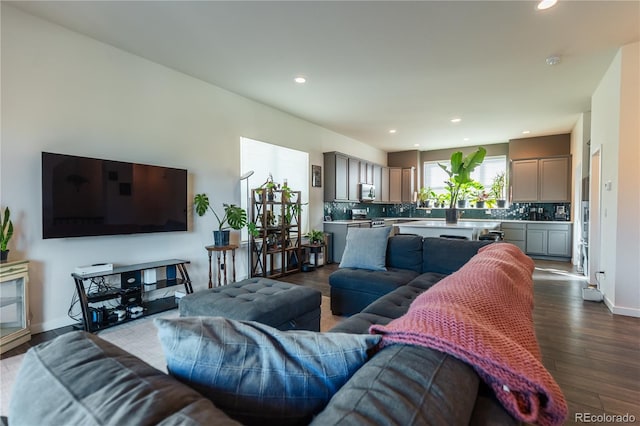 living room featuring baseboards, wood finished floors, and recessed lighting