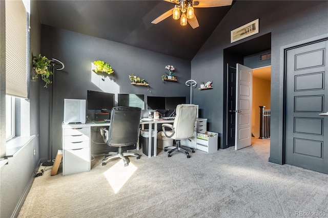 office with light carpet, vaulted ceiling, and ceiling fan