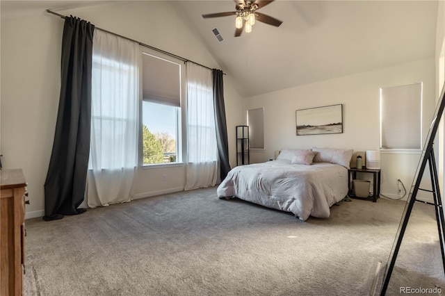 bedroom featuring ceiling fan, lofted ceiling, light carpet, visible vents, and baseboards