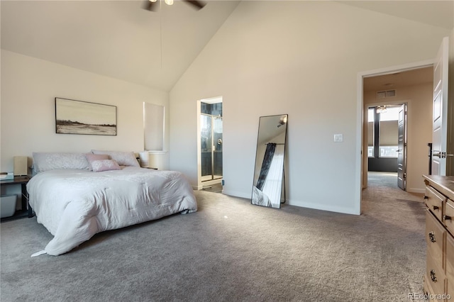 bedroom with ceiling fan, high vaulted ceiling, visible vents, baseboards, and carpet