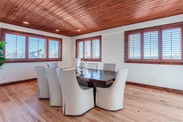 dining space featuring light wood-type flooring and wooden ceiling