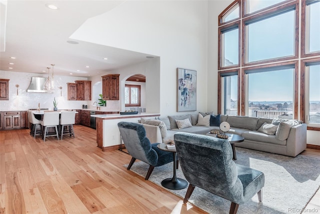 living room with a wealth of natural light, a towering ceiling, and light wood-type flooring