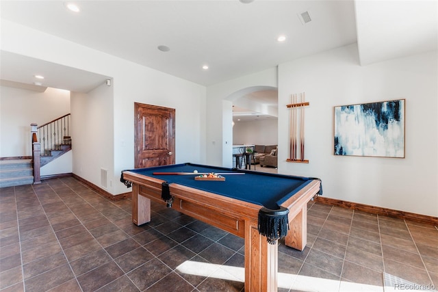 recreation room with dark tile patterned flooring and pool table