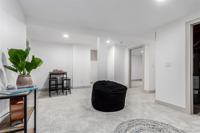 sitting room with light colored carpet