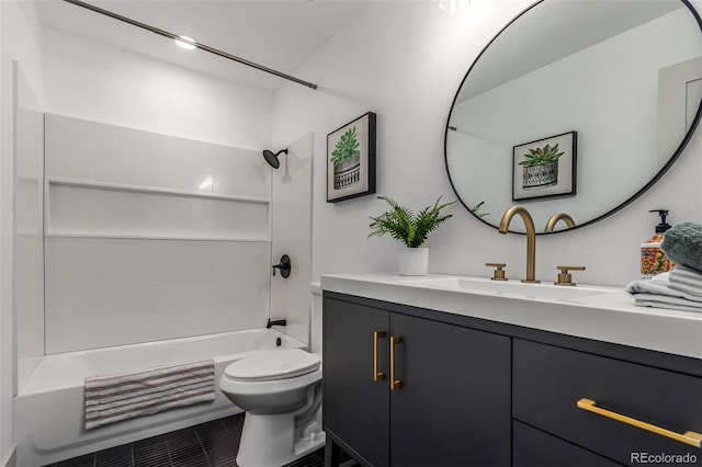 full bathroom featuring toilet, tile patterned flooring, shower / bathtub combination, and vanity