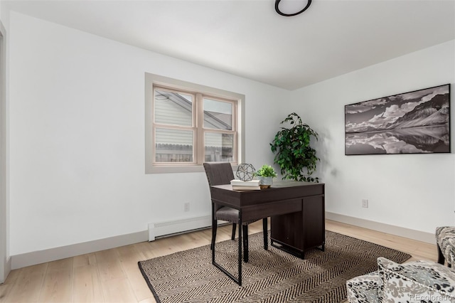 home office featuring hardwood / wood-style flooring and baseboard heating