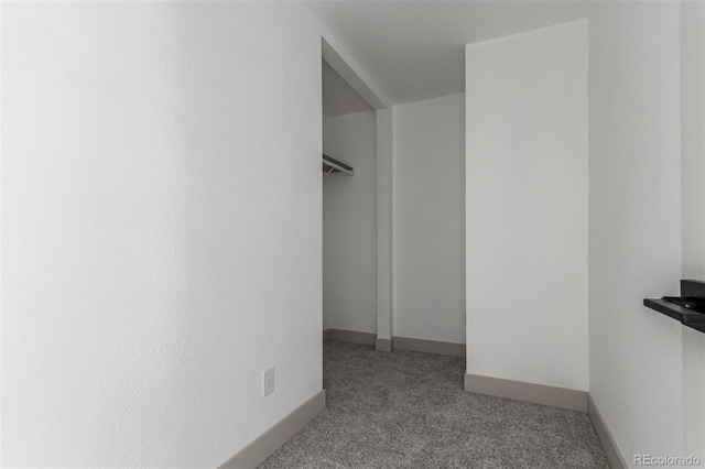 walk in closet featuring light colored carpet