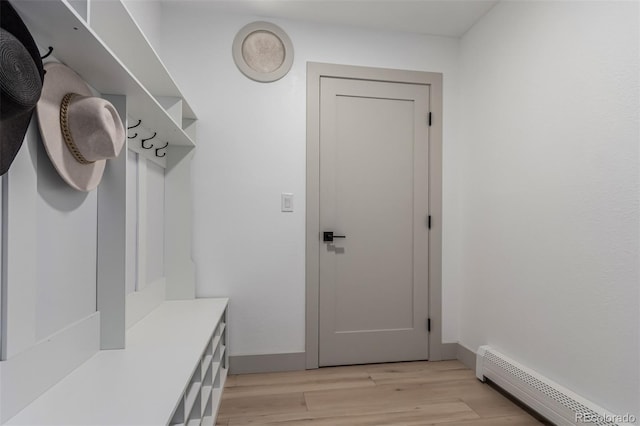 mudroom featuring light hardwood / wood-style flooring and baseboard heating