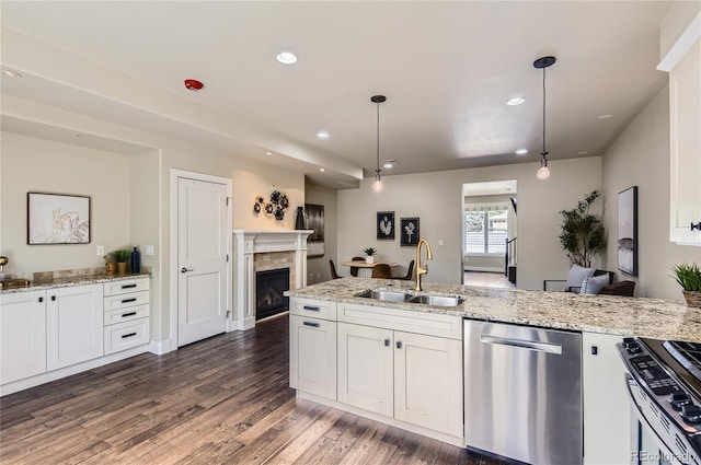 2700 E Louisiana Ave Unit 203, Denver, CO 80210 - kitchen featuring stainless steel appliances, a sink, a glass covered fireplace, recessed lighting, and dark wood-style floors