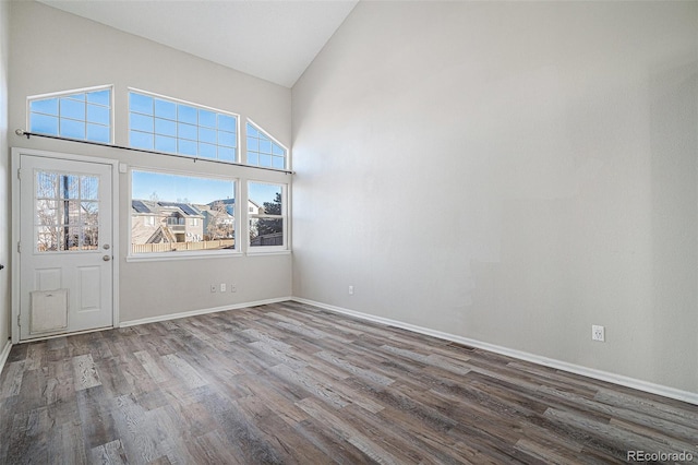 foyer featuring hardwood / wood-style flooring and high vaulted ceiling