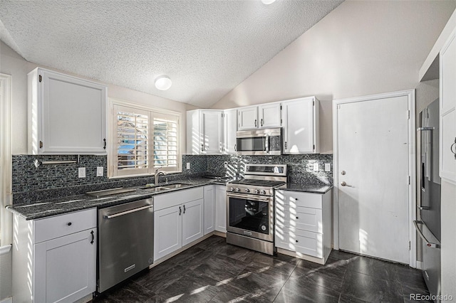 3738 Rosewalk Ct, Highlands Ranch, CO 80129 - kitchen with stainless steel appliances, a sink, a textured ceiling, backsplash, and vaulted ceiling