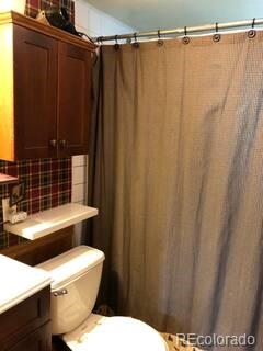 81 Gcr 461, Grand Lake, CO 80447 - full bath featuring vanity, a shower with curtain, and tasteful backsplash