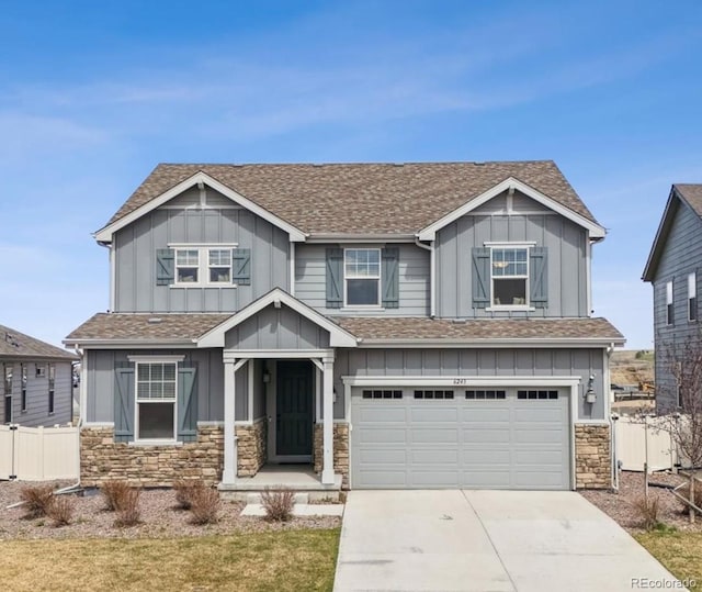6243 Saddle Bow Ave, Parker, CO 80134 - craftsman house featuring board and batten siding, fence, a garage, concrete driveway, and roof with shingles