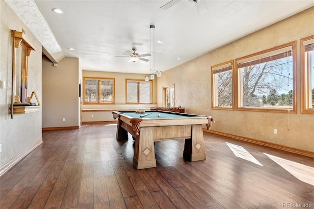 recreation room with ceiling fan, billiards, dark hardwood / wood-style floors, and lofted ceiling