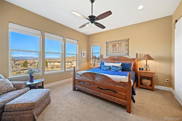 bedroom with recessed lighting, carpet, a ceiling fan, and baseboards