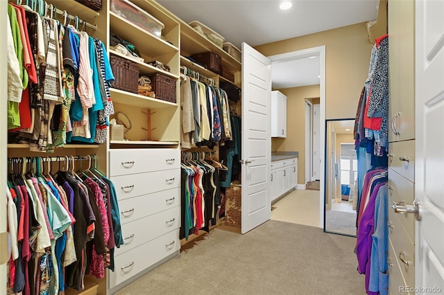 spacious closet featuring light colored carpet