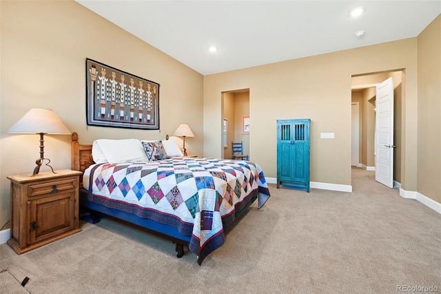 bedroom with light carpet, baseboards, and recessed lighting