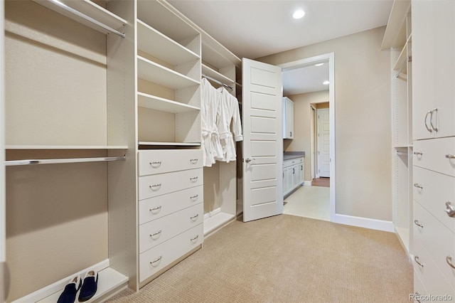 walk in closet featuring light carpet