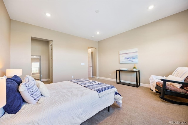 carpeted bedroom with baseboards and recessed lighting