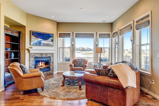 living room featuring wood-type flooring, a stone fireplace, and plenty of natural light