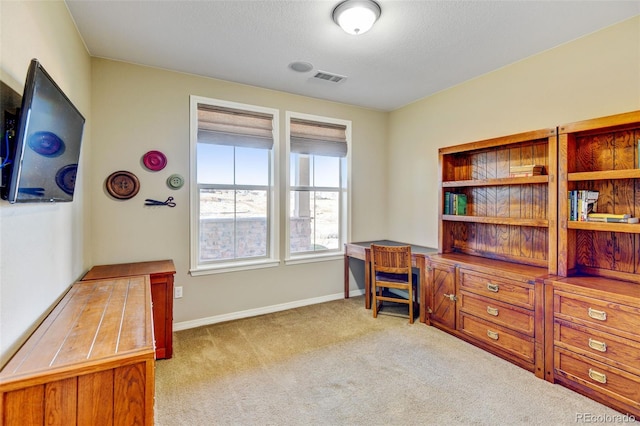 office area featuring light carpet and a textured ceiling