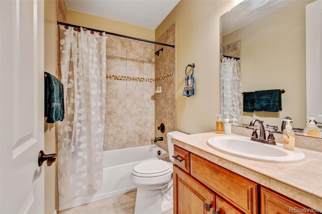 full bathroom with vanity, tile patterned flooring, shower / bathtub combination with curtain, and toilet