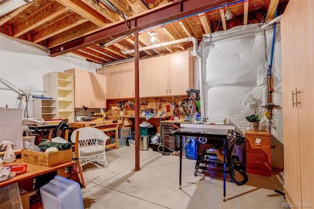 basement with a workshop area