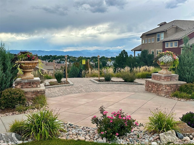 view of patio featuring a mountain view