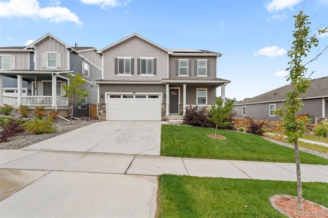 14075 Scarlet Sage St, Parker, CO 80134 - craftsman-style house with a porch, solar panels, a front lawn, stone siding, and driveway