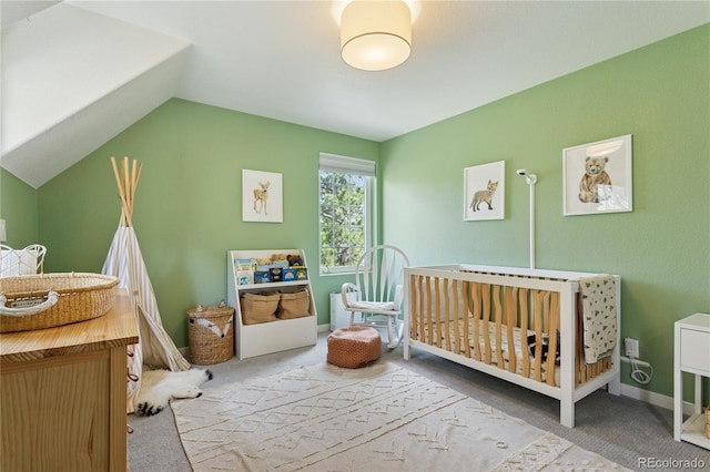 4978 Camel Heights Rd, Evergreen, CO 80439 - bedroom featuring carpet floors, a nursery area, and vaulted ceiling
