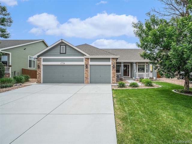 2726 Aylesbury Way, Johnstown, CO 80534 - view of front of home featuring an attached garage, covered porch, driveway, a front yard, and a shingled roof