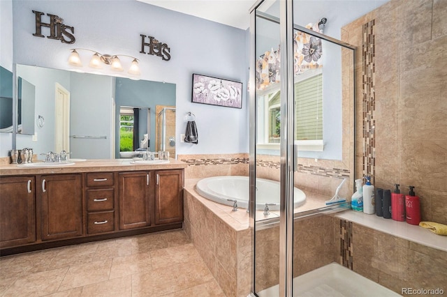 2726 Aylesbury Way, Johnstown, CO 80534 - full bathroom featuring a garden tub, double vanity, a stall shower, and tile patterned flooring