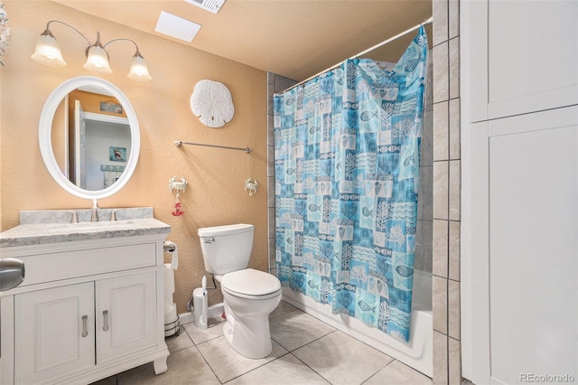 2726 Aylesbury Way, Johnstown, CO 80534 - full bath with toilet, tile patterned flooring, vanity, shower / bath combo, and a textured wall