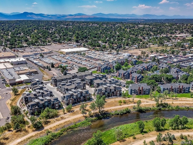 drone / aerial view featuring a mountain view