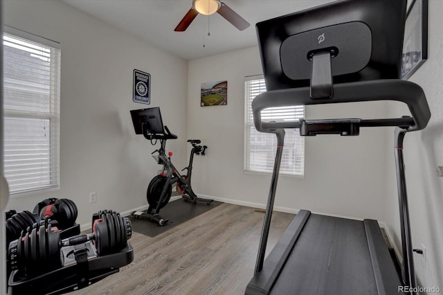 workout room featuring a ceiling fan, baseboards, and wood finished floors