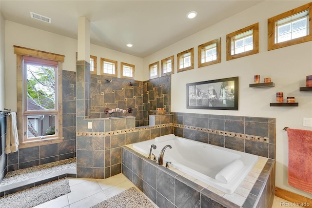 6349 Southridge Greens Blvd, Fort Collins, CO 80525 - bathroom with a bath, walk in shower, tile patterned flooring, and recessed lighting